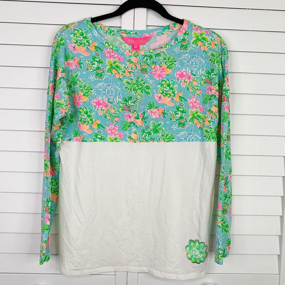 Disney x Lilly Pulitzer Finn Top XS Blue Ibiza White Floral Minnie Mickey 000130